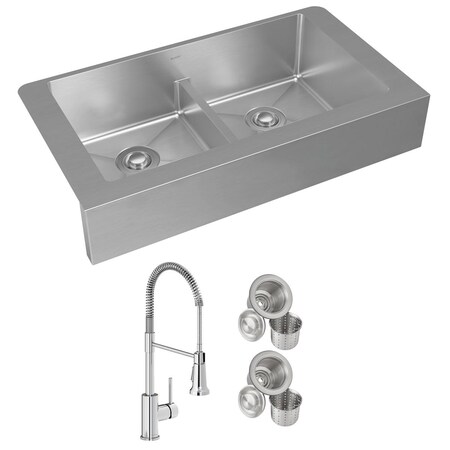 Elkay 18 Gauge SS 35-7/8" x 20-1/4" x 9" Equal Dbl Bowl Farmhouse Sink and Faucet Kit w/ Aqua Divide and Drain ECTRUFA32179FCC